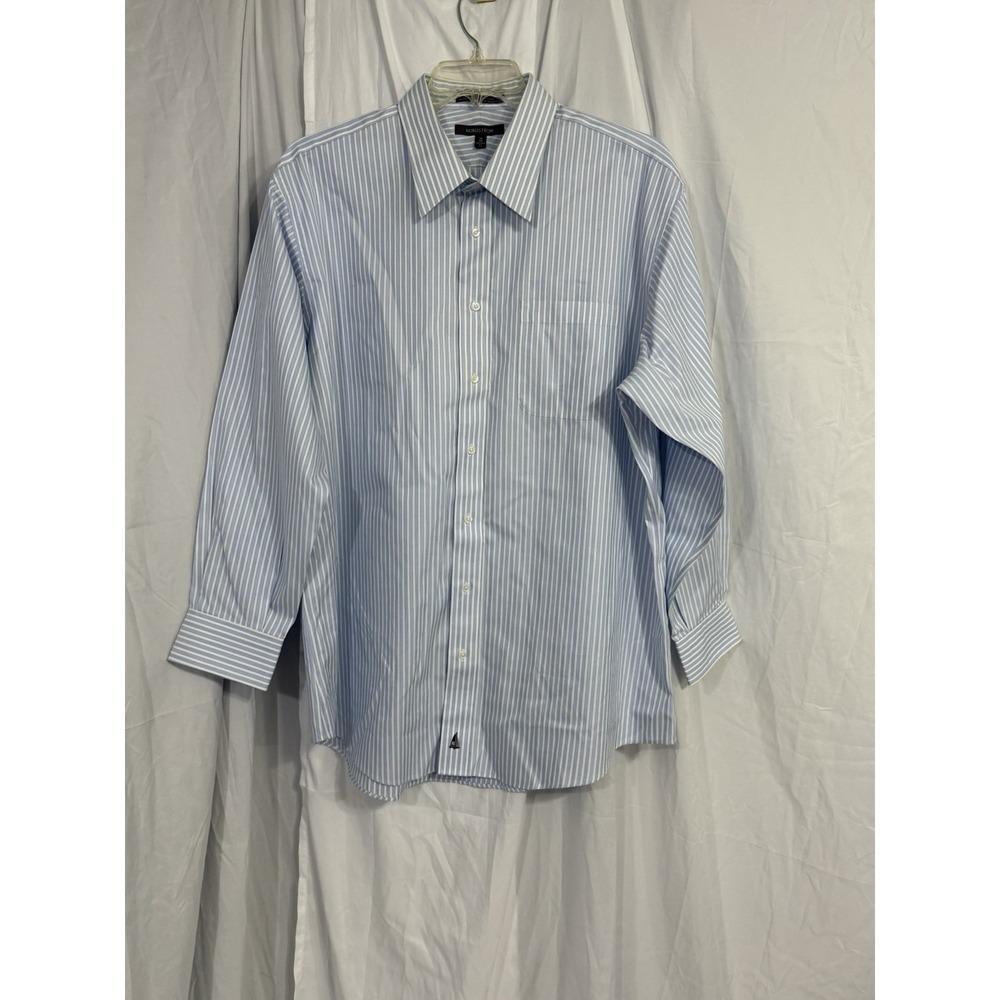 Nordstrom Non-Iron Trim Fit Button Up Shirt Mens 18  Blue White Long‎ Sleeve